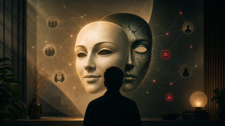 Conceptual image about the psychology of trust, hidden manipulation, red flags, and why dangerous people can appear safe.