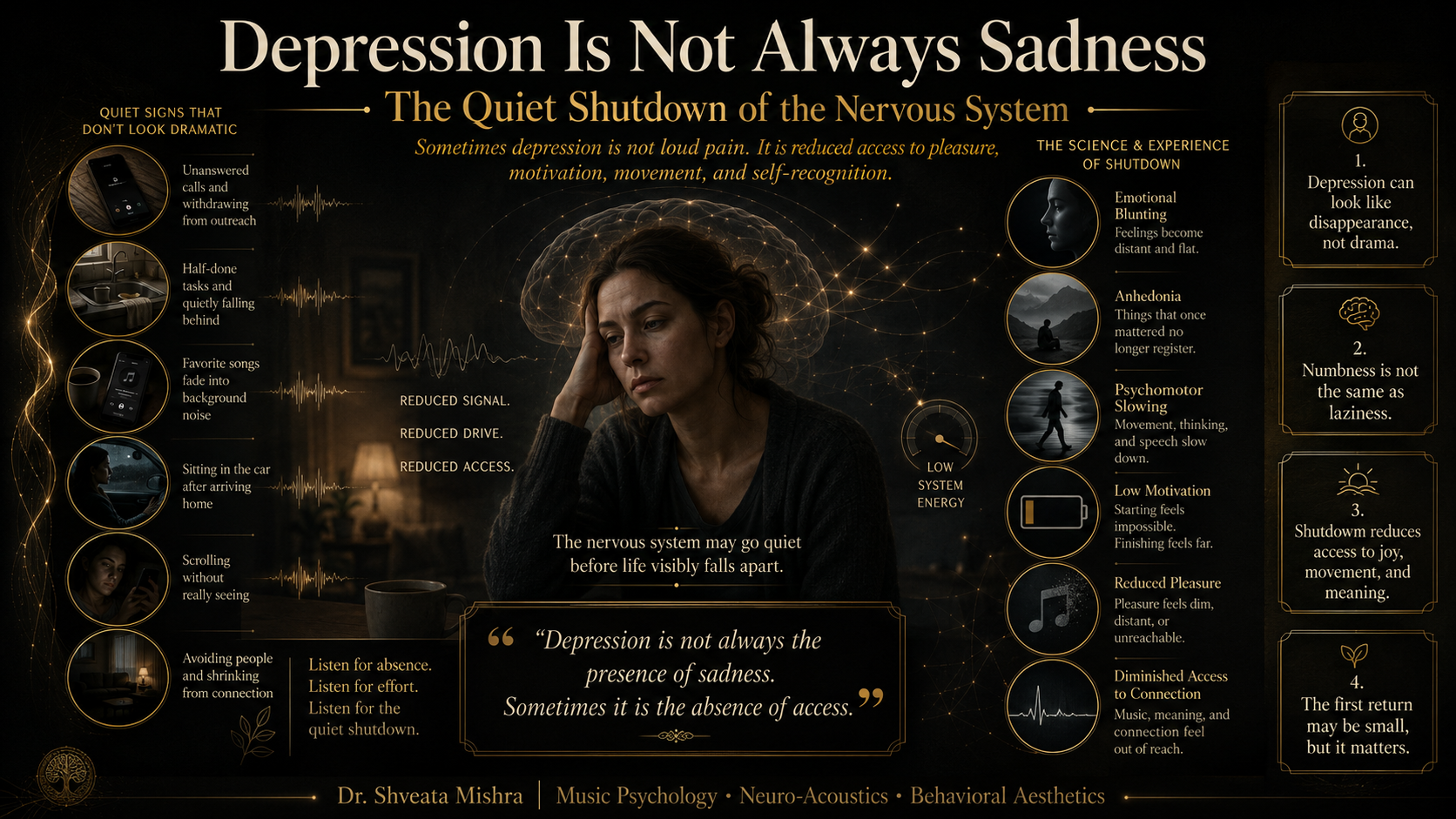 Depression without sadness shown as a quiet nervous-system shutdown: a still figure with fading sound waves