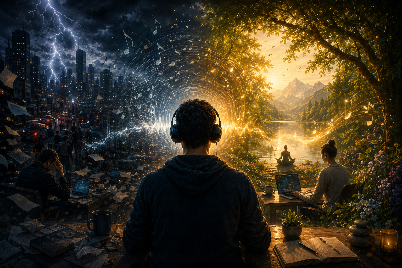 Music psychology in daily life: a calm listener with headphones and soft sound waves in warm light