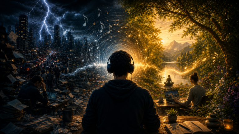 From Chaos to Harmony: Music Psychology in Daily Life for Mental Health & Focus. Illustration showing work space stress, relaxation techniques through music and sound