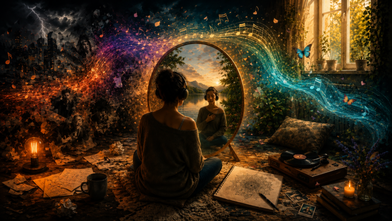 Illustration of a person looking into a mirror surrounded by music notes, symbolizing music for self-reflection, self-discovery, memory, and identity.