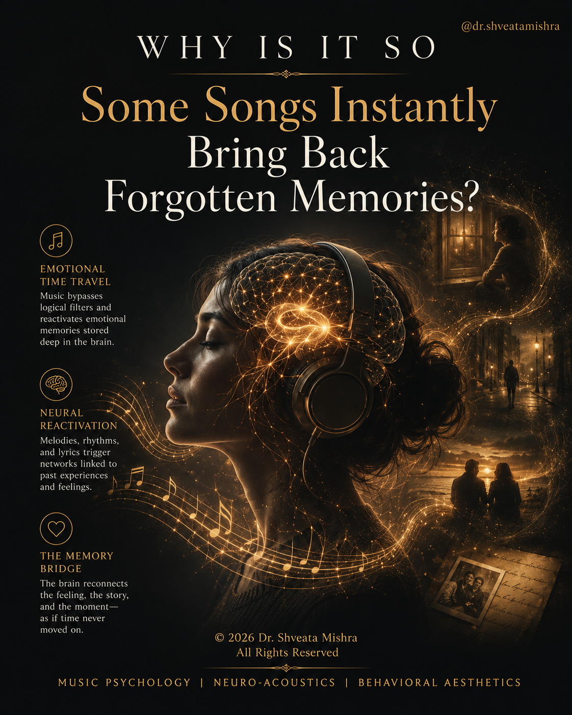 Illustration of how songs bring back memories, with sound waves linking music to emotional memory in the brain