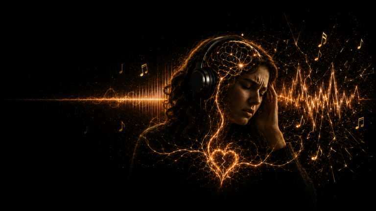 Neuro-acoustic illustration of a listener feeling overwhelmed as a once-loved favorite song suddenly feels irritating, with sound waves and nervous-system patterns.