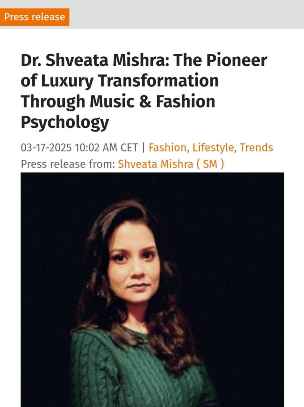 OpenPR Official Press Release, Dr. Shveata Mishra