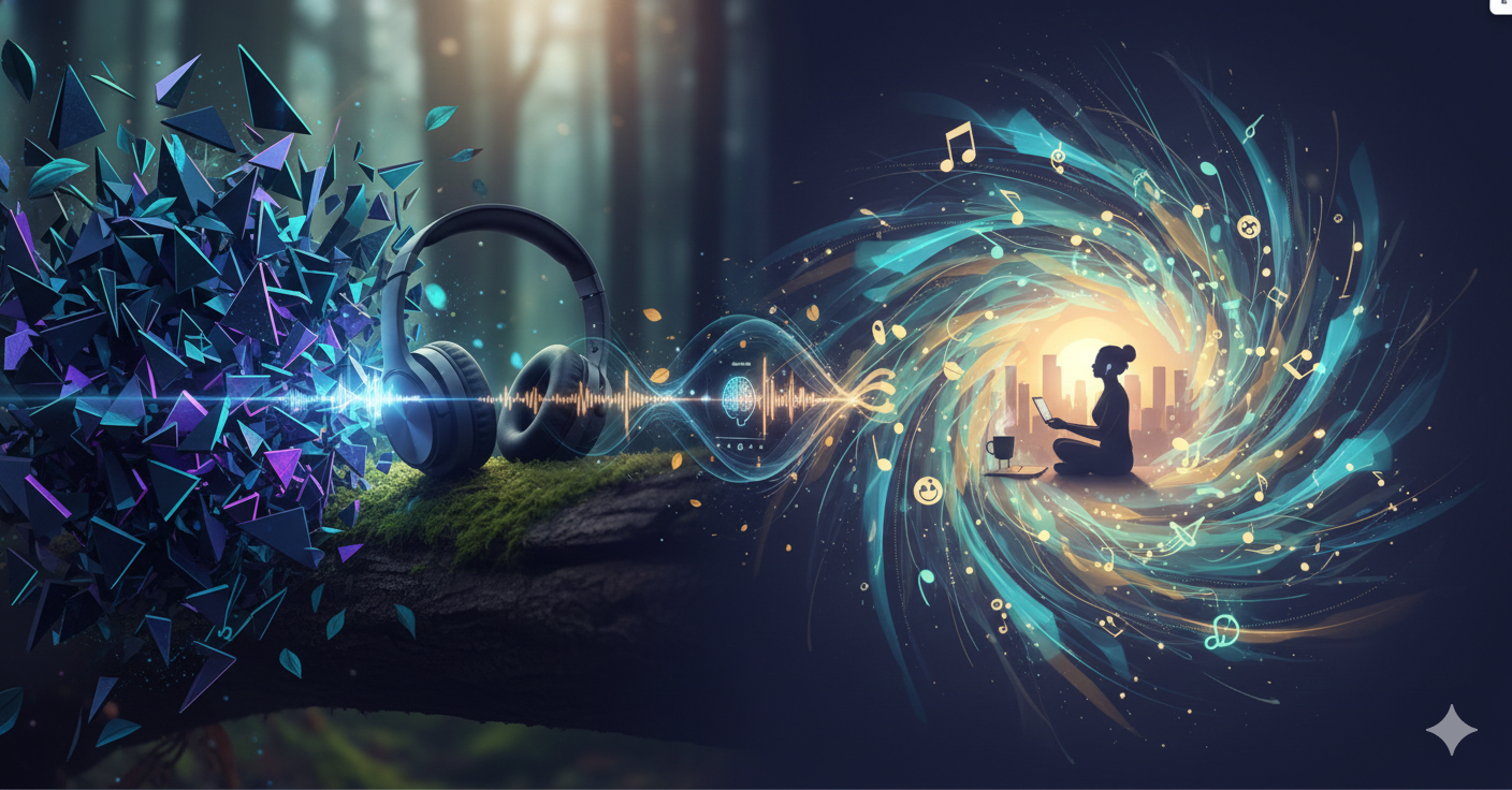 The power of music: a person moved by a song with eyes closed, soft sound waves and warm light