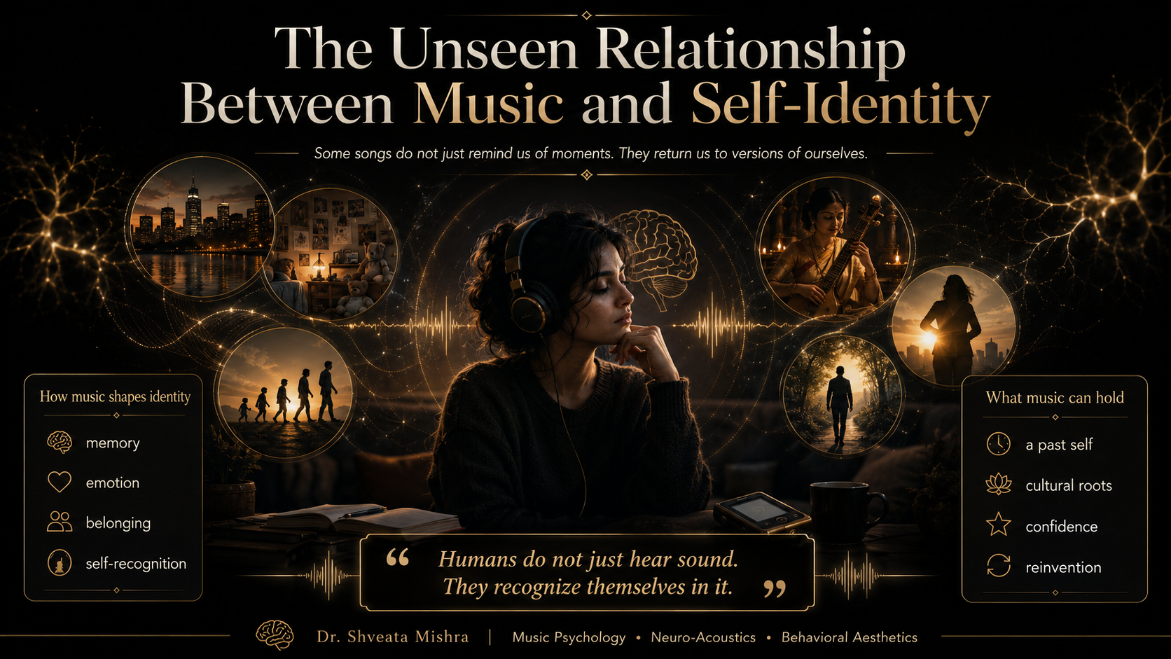 Music and self-identity shown as a single listener recognizing themselves in a song, in soft neuro-acoustic tones