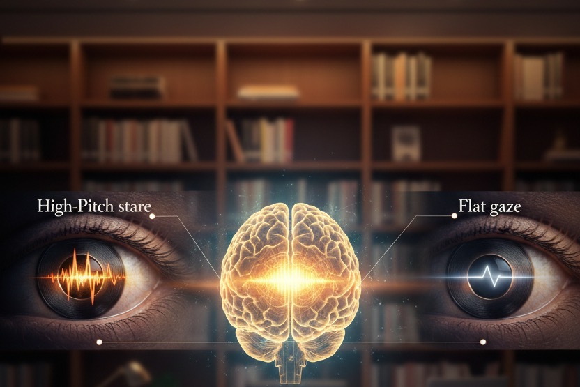 Diagram of what your eyes reveal about your nervous system, a tense sharp gaze beside a calm, resonant gaze.