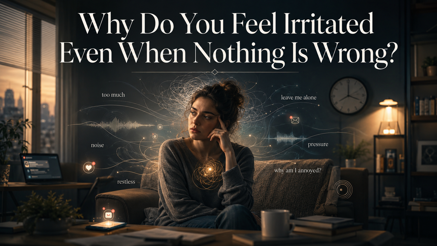 Neuro-acoustic illustration of a person feeling irritated when nothing is wrong, with sound waves and nervous-system patterns