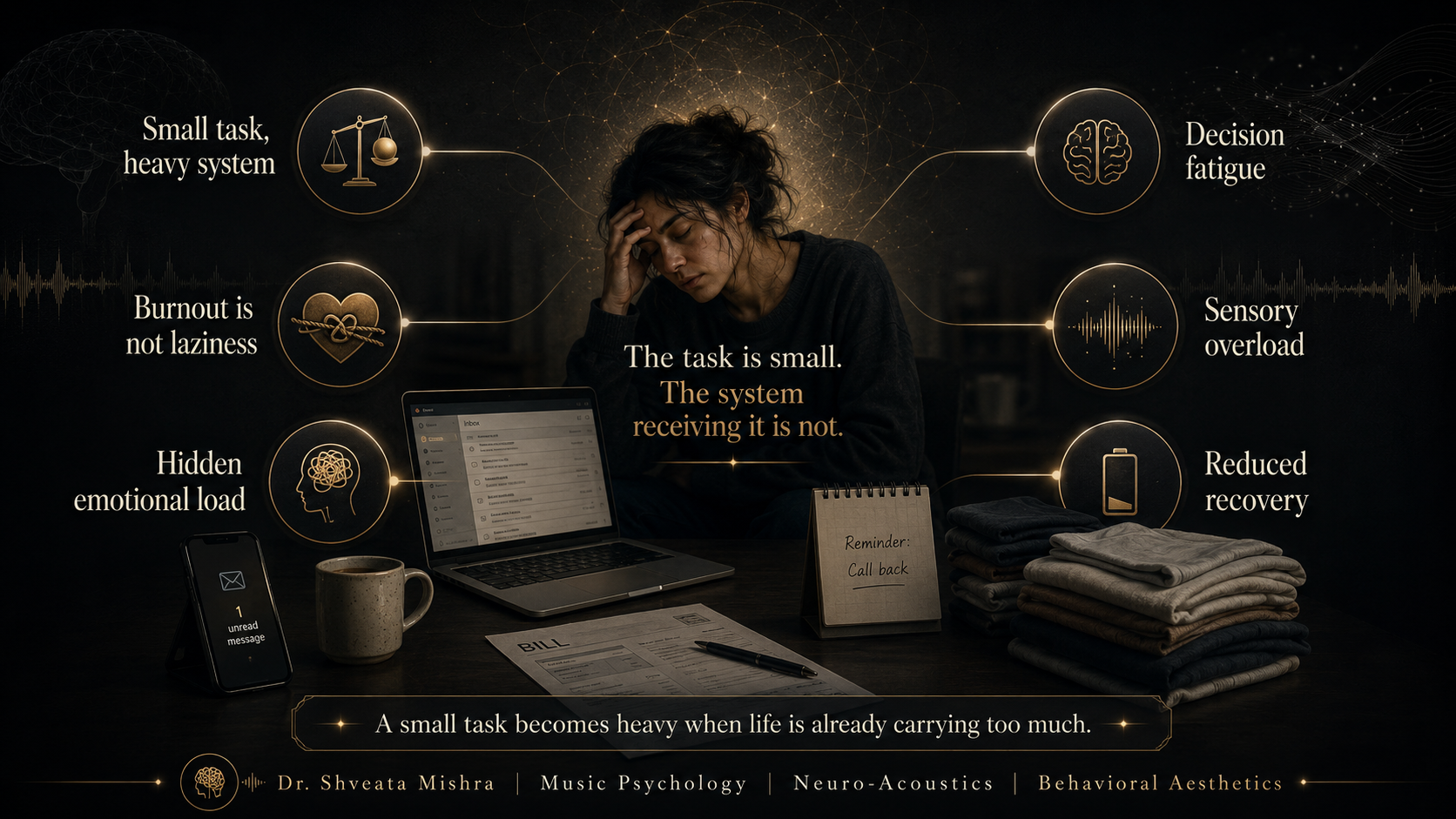 Neuro-acoustic infographic on why emotional exhaustion makes small tasks feel heavy, showing decision fatigue, sensory overload, hidden emotional load and reduced recovery