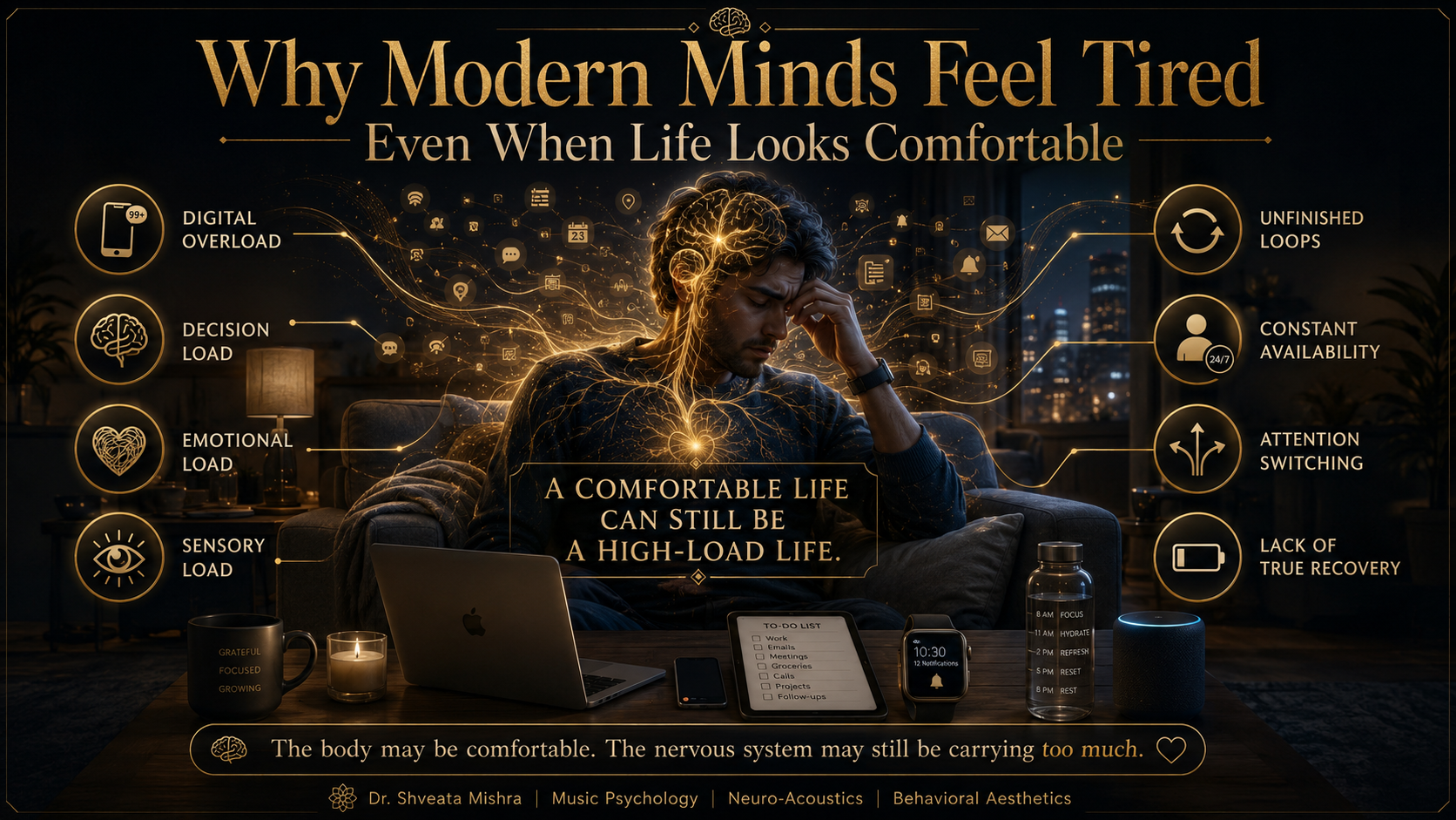 Mental fatigue in modern life: a tired mind resting in a calm, comfortable room