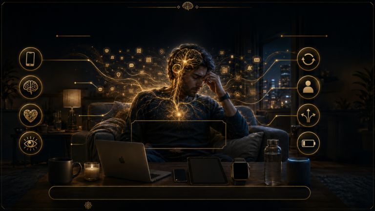 Mental fatigue in modern life: a tired mind resting in a calm, comfortable room