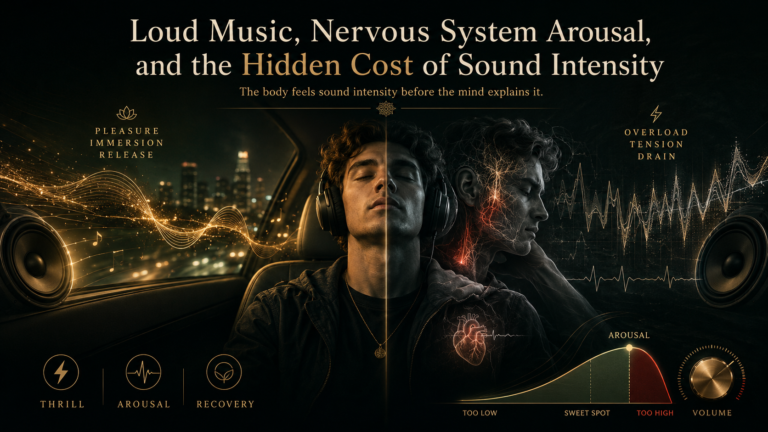 Neuro-acoustic illustration of loud music nervous system arousal, with intense sound waves pressing on a still figure