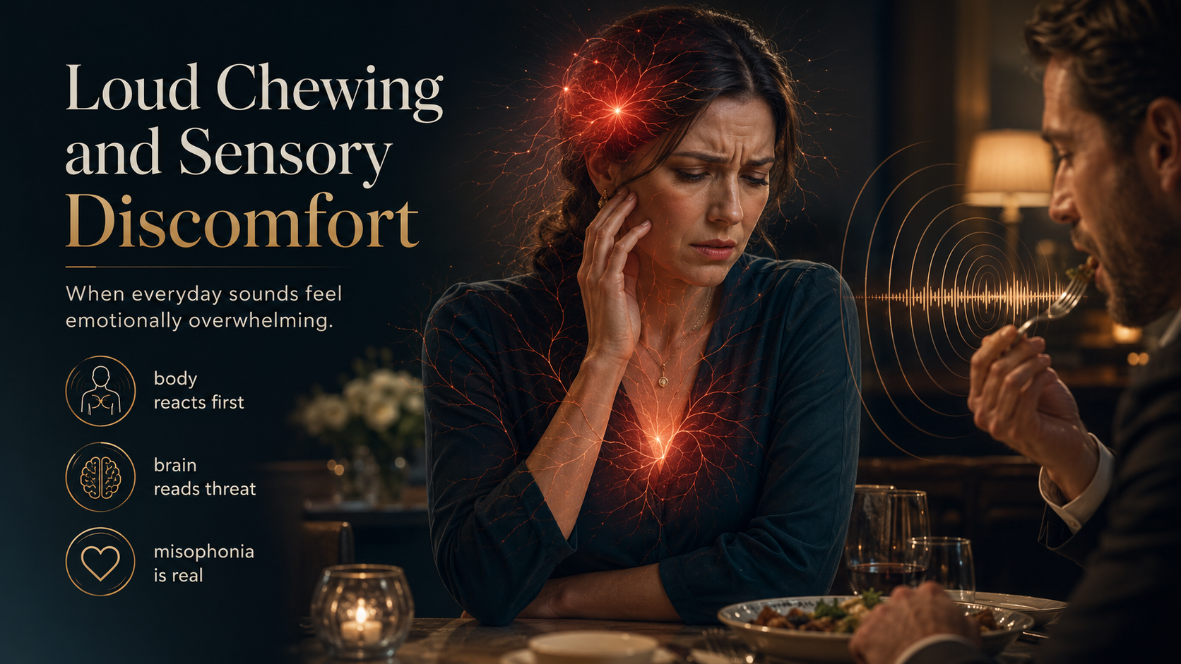 Neuro-acoustic illustration of misophonia and loud chewing discomfort, with sharp sound waves and an emotional response