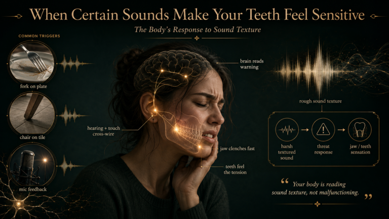Neuro-acoustic illustration of sound texture as rough sound waves reaching a tense jaw and teeth
