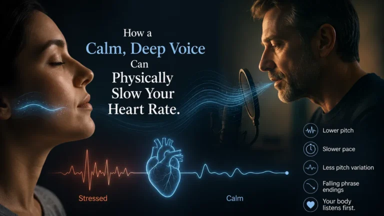 Neuro-acoustic illustration of a calm deep voice, low sound waves settling around a listening figure