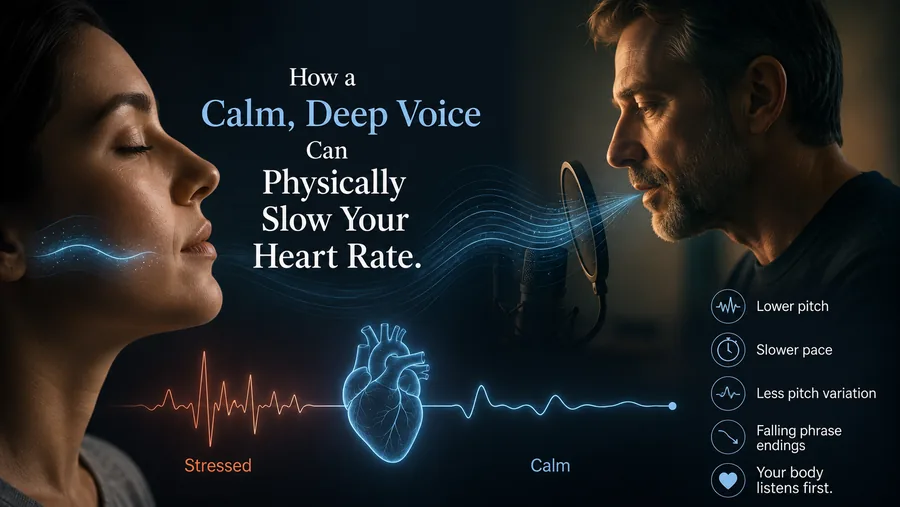 Neuro-acoustic illustration of a calm deep voice, low sound waves settling around a listening figure