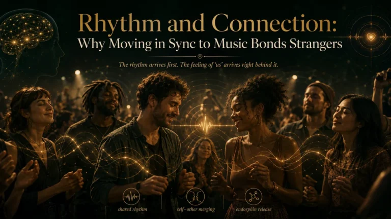 Neuro-acoustic illustration of moving in sync to music, silhouettes of strangers on the same beat