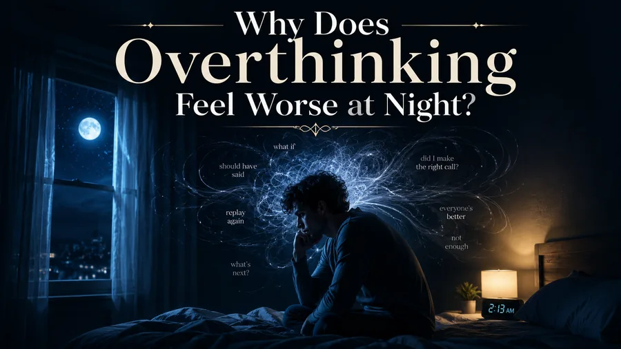 A person lying awake in bed at night with racing thoughts swirling overhead, illustrating why overthinking feels worse at night.