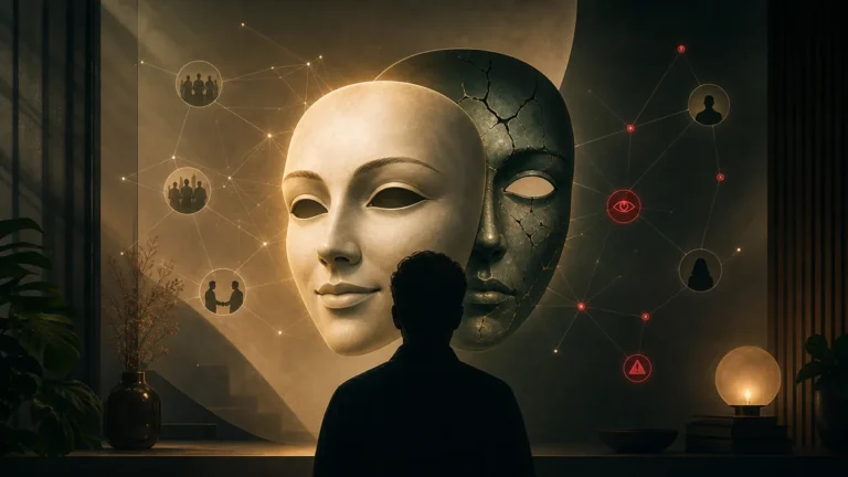 Conceptual image about the psychology of trust, hidden manipulation, red flags, and why dangerous people can appear safe.