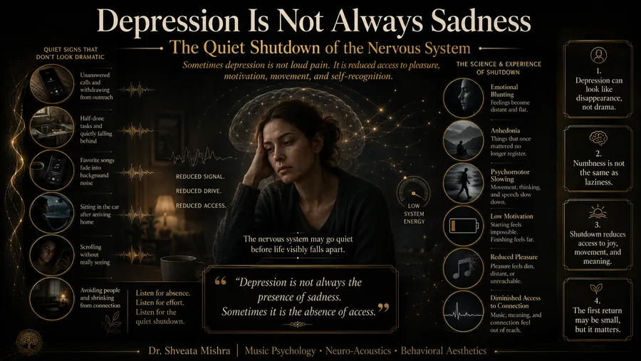 Depression without sadness shown as a quiet nervous-system shutdown: a still figure with fading sound waves