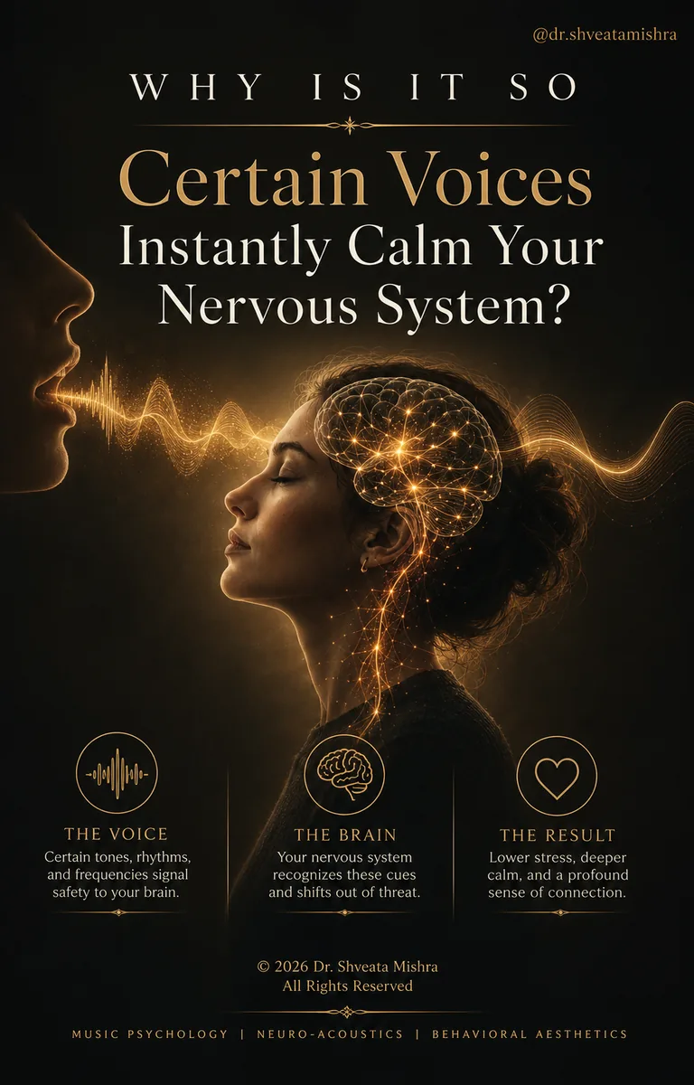 Neuro-acoustic illustration of a calming voice settling a tense nervous system through warm emotional sound waves and soft vocal rhythm.