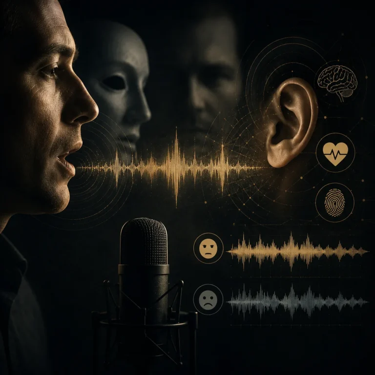 Vocal cues of deception shown as a human voice waveform, with sound revealing honesty and stress beneath spoken words