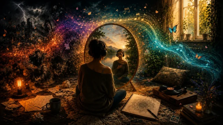 Illustration of a person looking into a mirror surrounded by music notes, symbolizing music for self-reflection, self-discovery, memory, and identity.