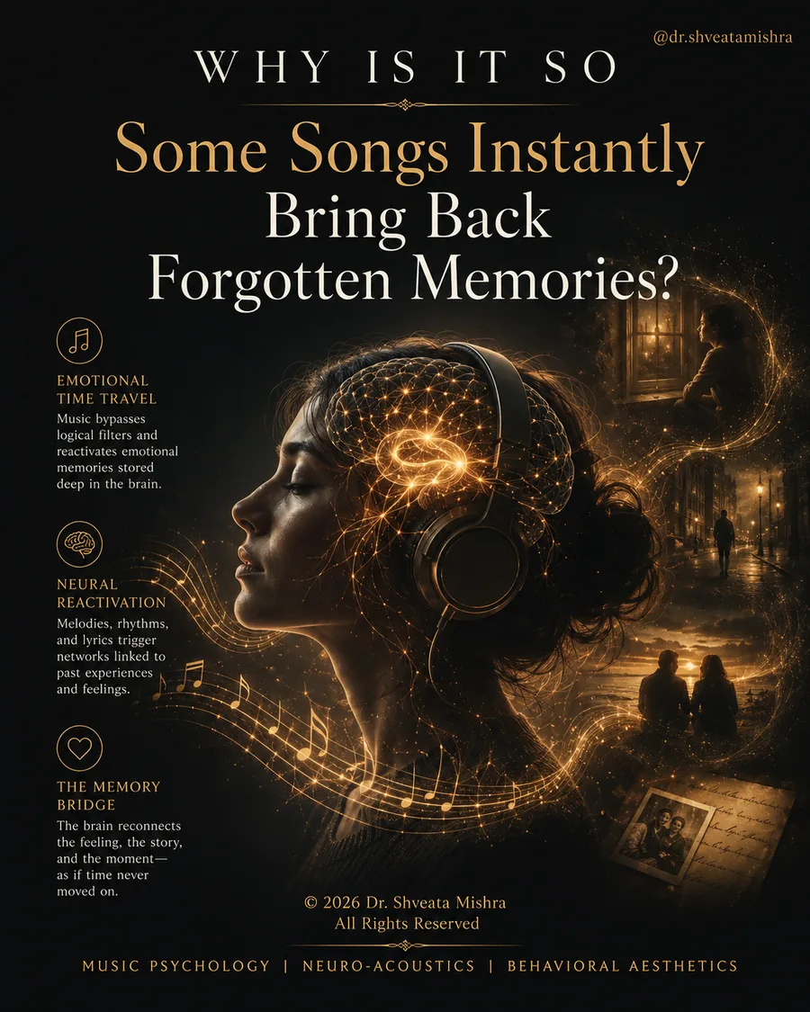 Illustration of how songs bring back memories, with sound waves linking music to emotional memory in the brain
