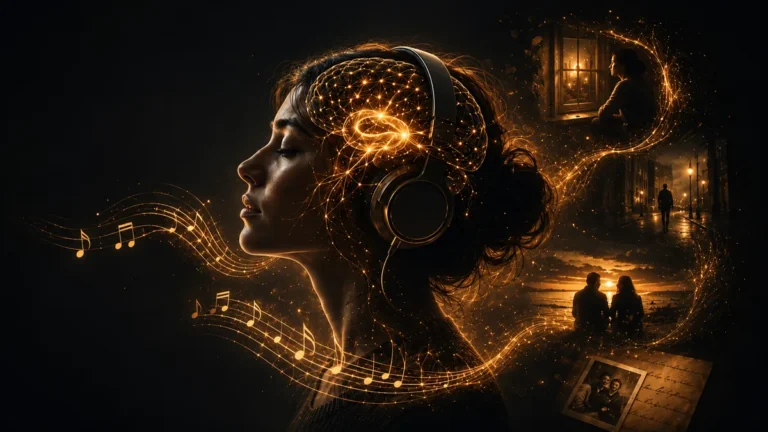 Illustration of music triggering emotional memory through sound waves, the nervous system, and recalled life moments.