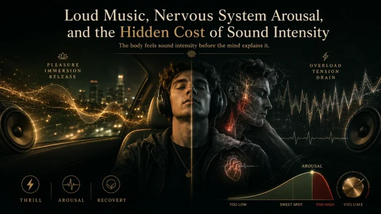 Neuro-acoustic illustration of loud music nervous system arousal, with intense sound waves pressing on a still figure