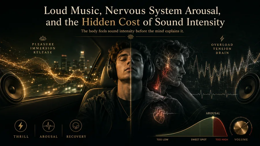 Neuro-acoustic illustration of loud music nervous system arousal, with intense sound waves pressing on a still figure