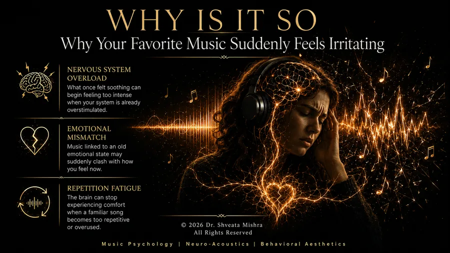 Neuro-acoustic illustration of a listener overwhelmed as their favorite music suddenly feels irritating, with gold sound waves and nervous-system patterns.