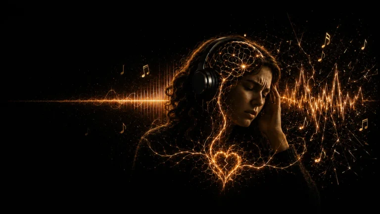 Neuro-acoustic illustration of a listener overwhelmed as their favorite music suddenly feels irritating, with gold sound waves and nervous-system patterns.