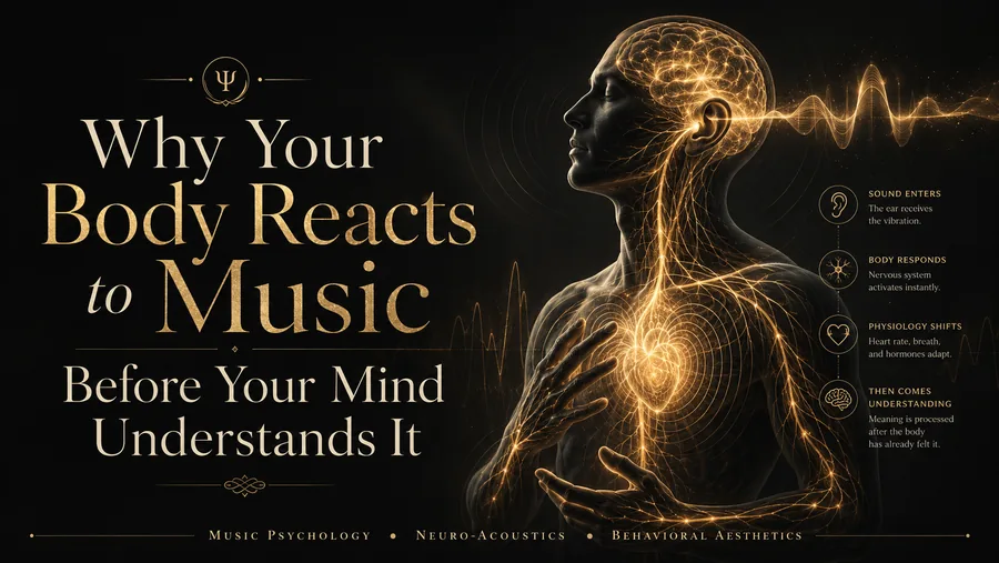 Why your body reacts to music: a neuro-acoustic illustration of a listener feeling chills, a shifting heartbeat, and changing breath before the mind explains it.