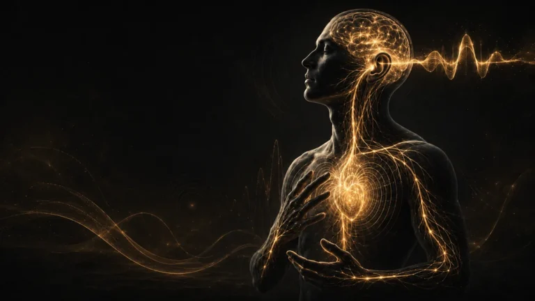 Why your body reacts to music: a neuro-acoustic illustration of a listener feeling chills, a shifting heartbeat, and changing breath before the mind explains it.