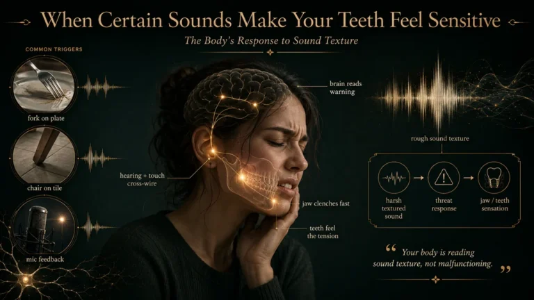 Neuro-acoustic illustration of sound texture as rough sound waves reaching a tense jaw and teeth