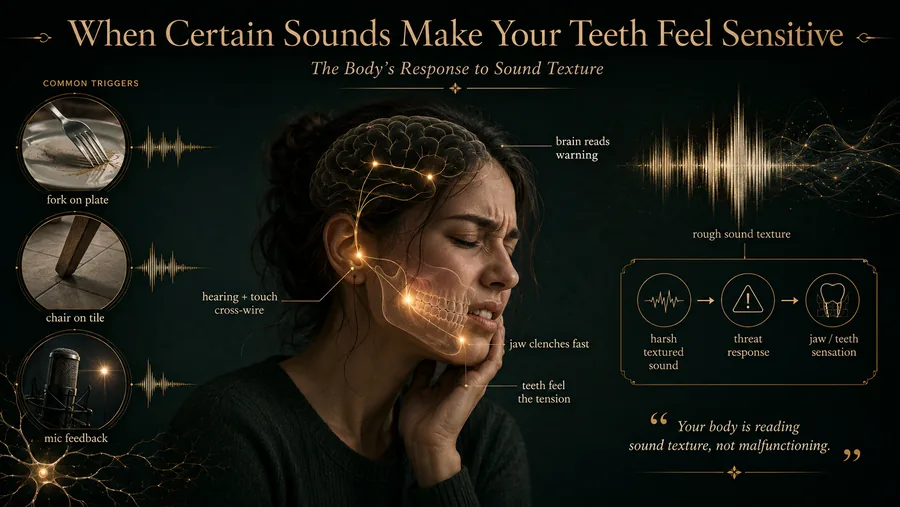 Neuro-acoustic illustration of sound texture as rough sound waves reaching a tense jaw and teeth