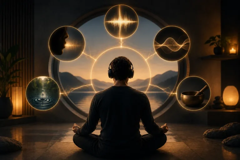 Sound and the nervous system: neuro-acoustic illustration of soundwaves meeting a calm human silhouette