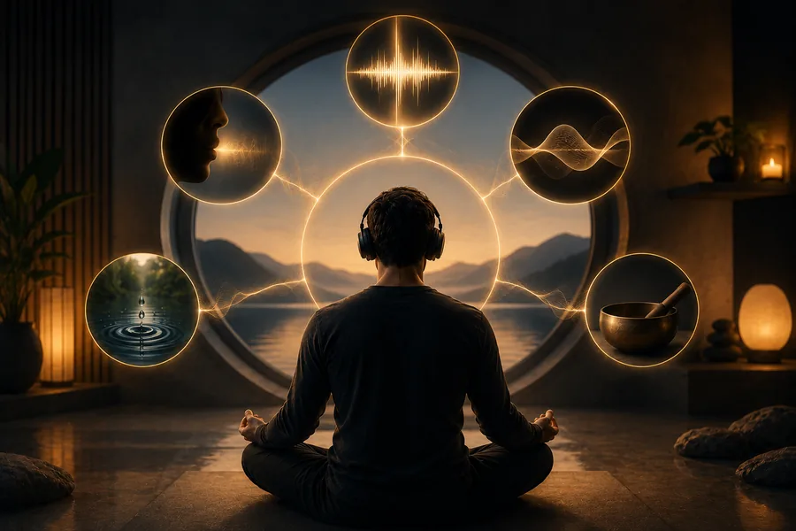 Sound and the nervous system: neuro-acoustic illustration of soundwaves meeting a calm human silhouette
