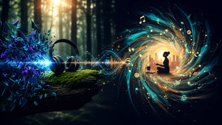 The power of music: a person moved by a song with eyes closed, soft sound waves and warm light