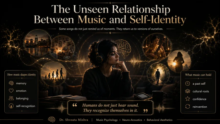 Music and self-identity shown as a single listener recognizing themselves in a song, in soft neuro-acoustic tones