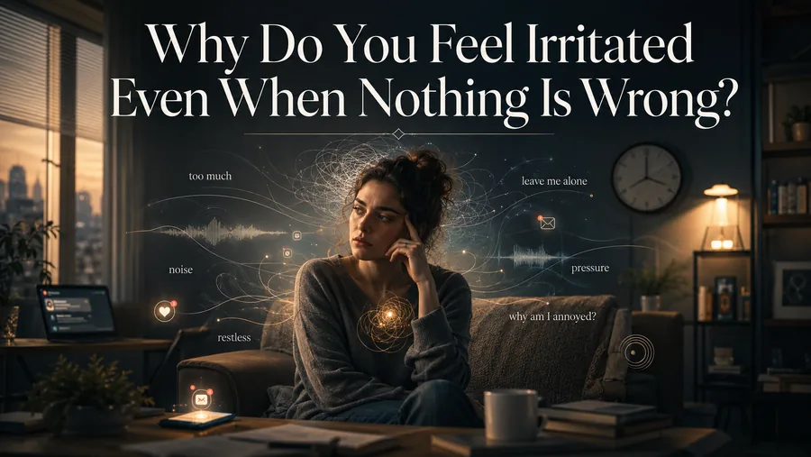 Neuro-acoustic illustration of a person feeling irritated when nothing is wrong, with sound waves and nervous-system patterns