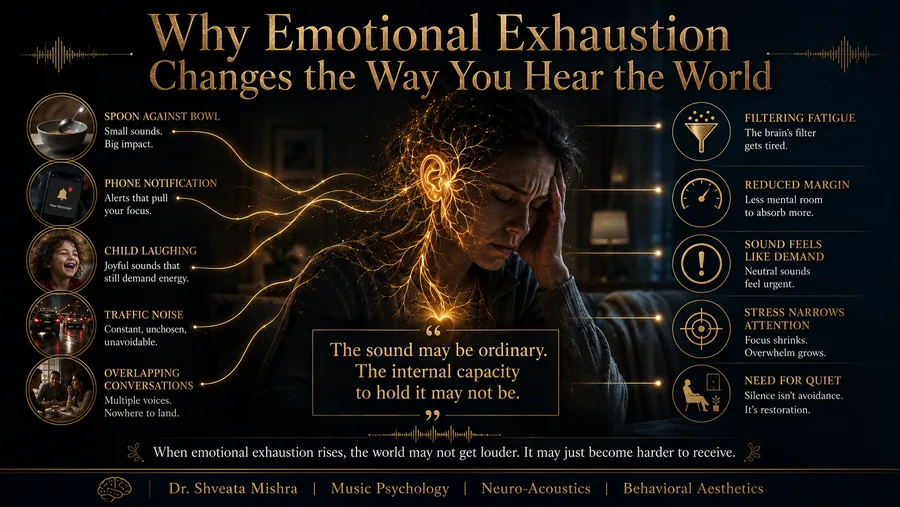 Neuro-acoustic illustration of sound sensitivity during emotional exhaustion, with everyday noise pressing on a tired listener