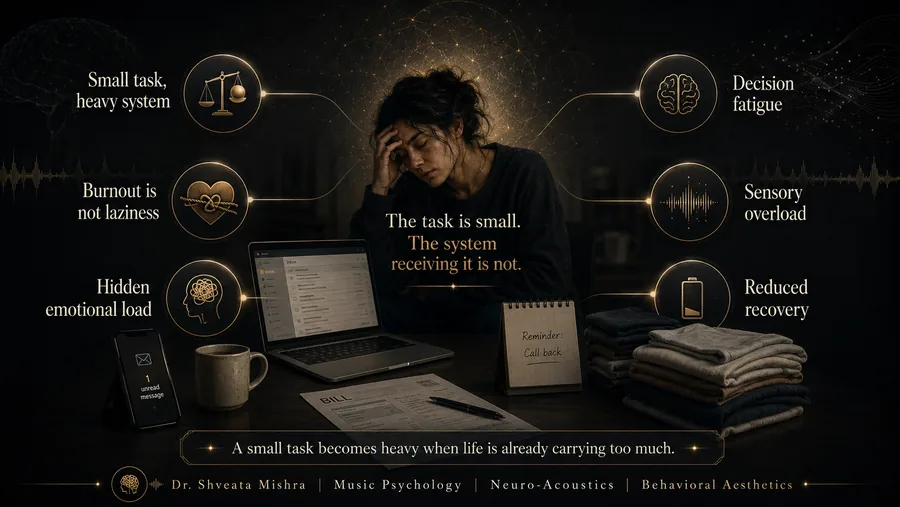 Neuro-acoustic infographic on why emotional exhaustion makes small tasks feel heavy, showing decision fatigue, sensory overload, hidden emotional load and reduced recovery