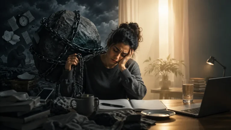 Neuro-acoustic illustration of emotional exhaustion making small tasks feel heavy, a depleted person at a desk weighed down by an oversized load