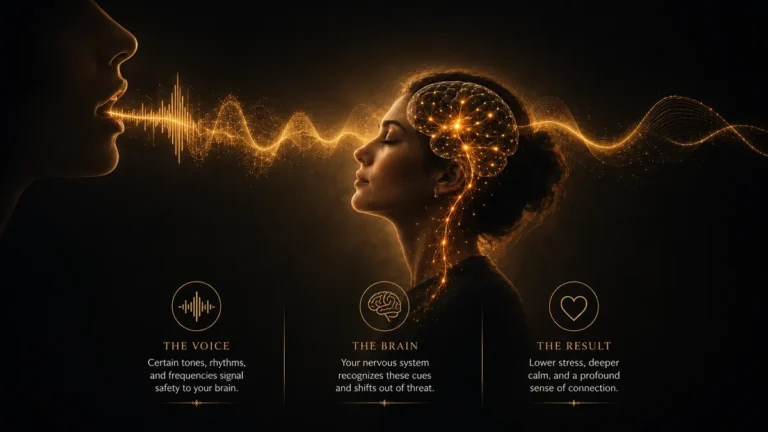 Neuro-acoustic illustration of a calming voice settling a tense nervous system through warm emotional sound waves and soft vocal rhythm.