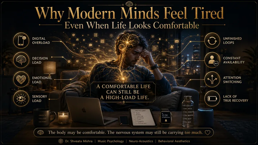 Mental fatigue in modern life: a tired mind resting in a calm, comfortable room