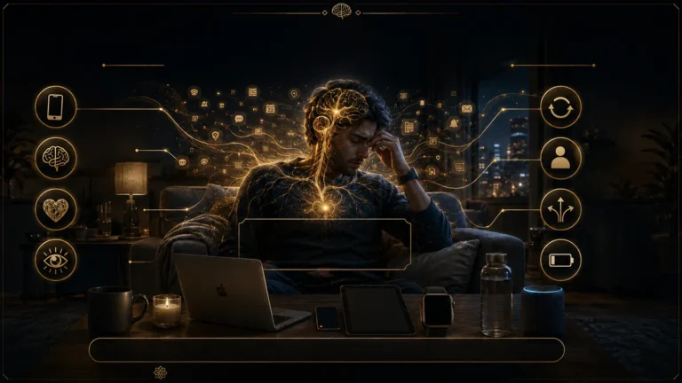 Mental fatigue in modern life: a tired mind resting in a calm, comfortable room